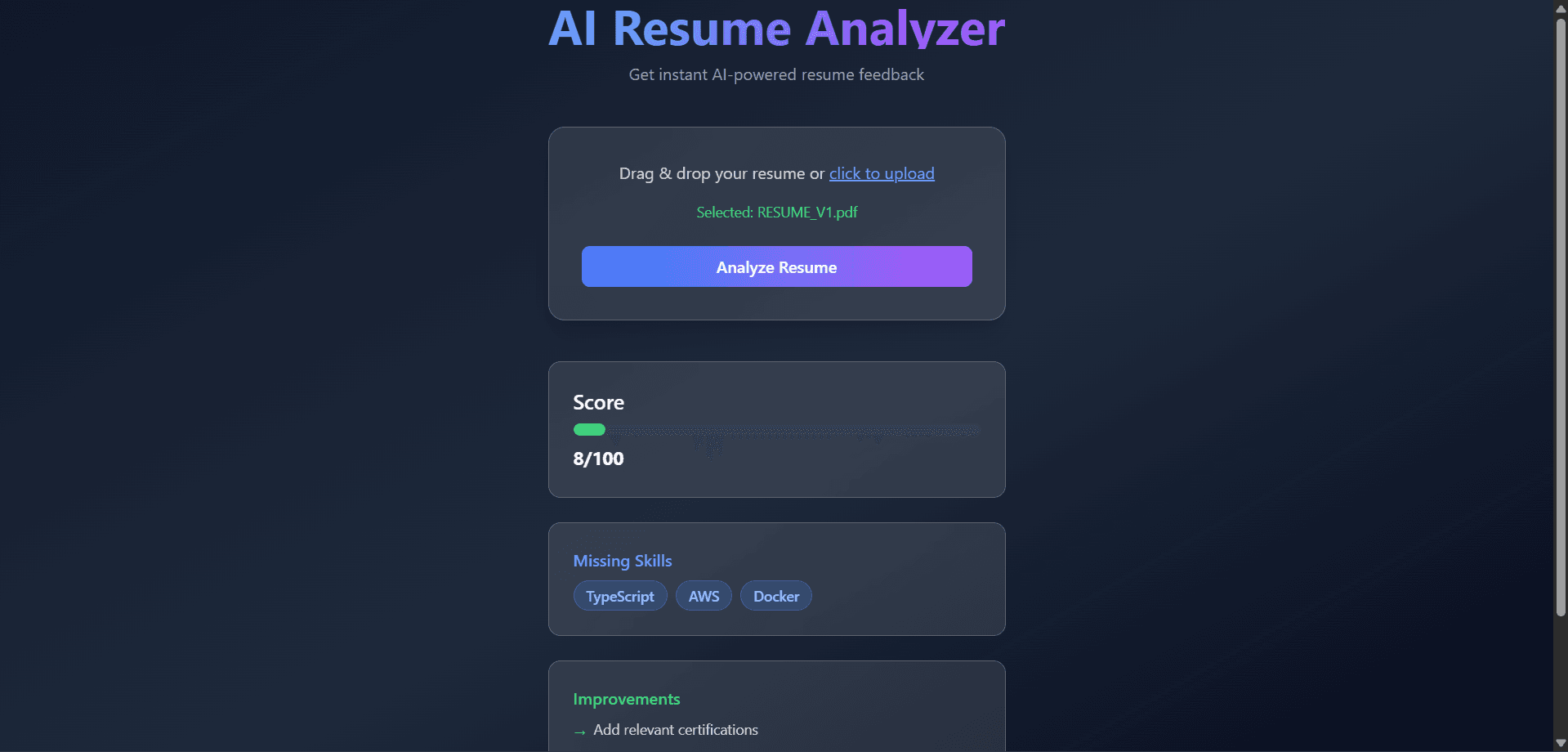 AI Resume Analyzer output and result view