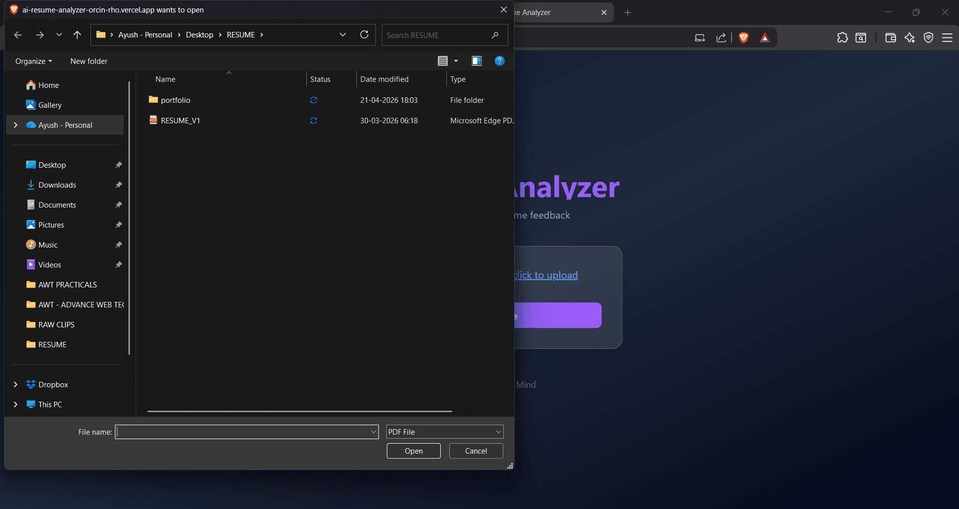 AI Resume Analyzer upload flow